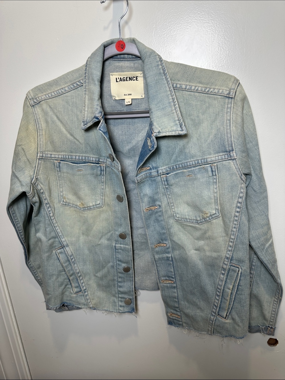 L'AGENCE Light Blue Distressed Denim Jacket (52)